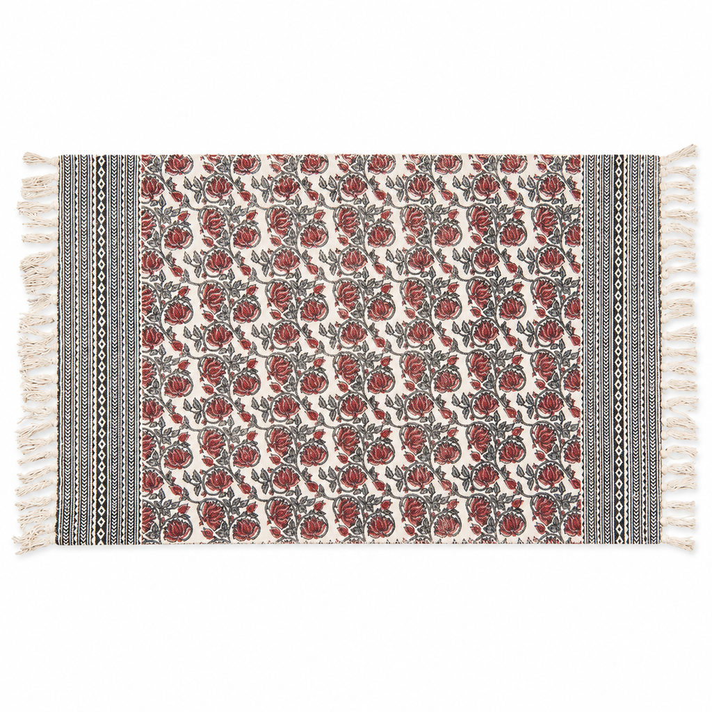 Vintage Botanical Rose Cotton Rug with Tassels