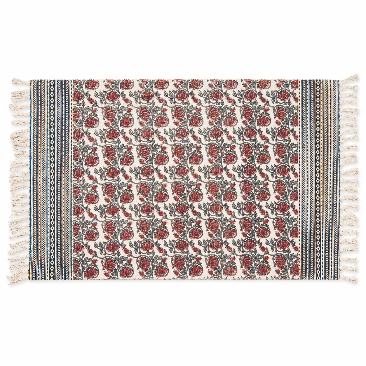Vintage Botanical Rose Cotton Rug with Tassels
