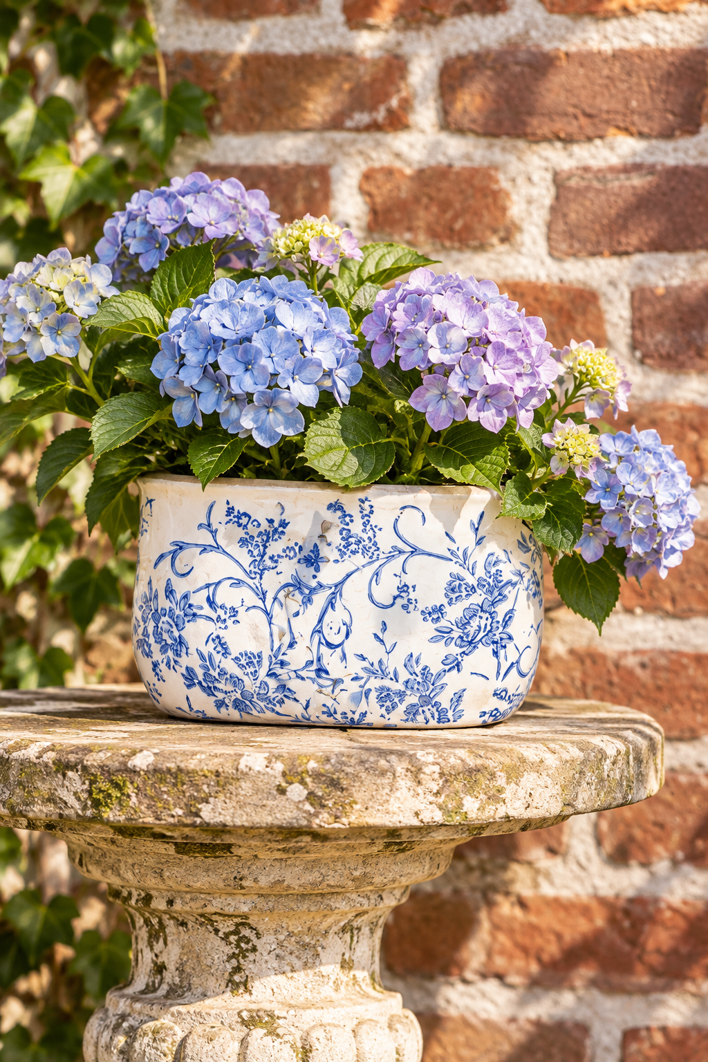 Blue & White Floral Ceramic Planter – detail view 2