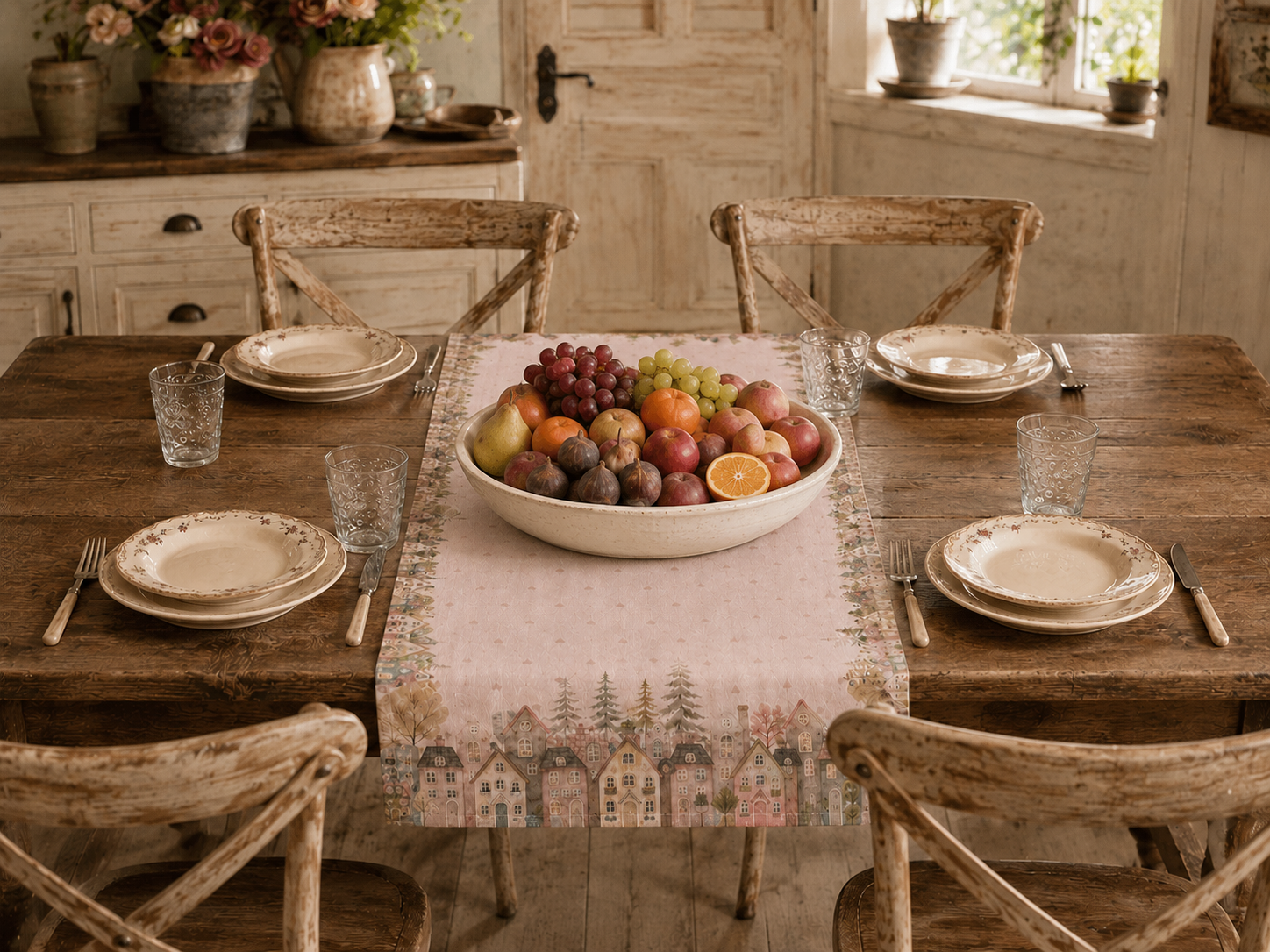 Beige Cotton Village Print Table Runner