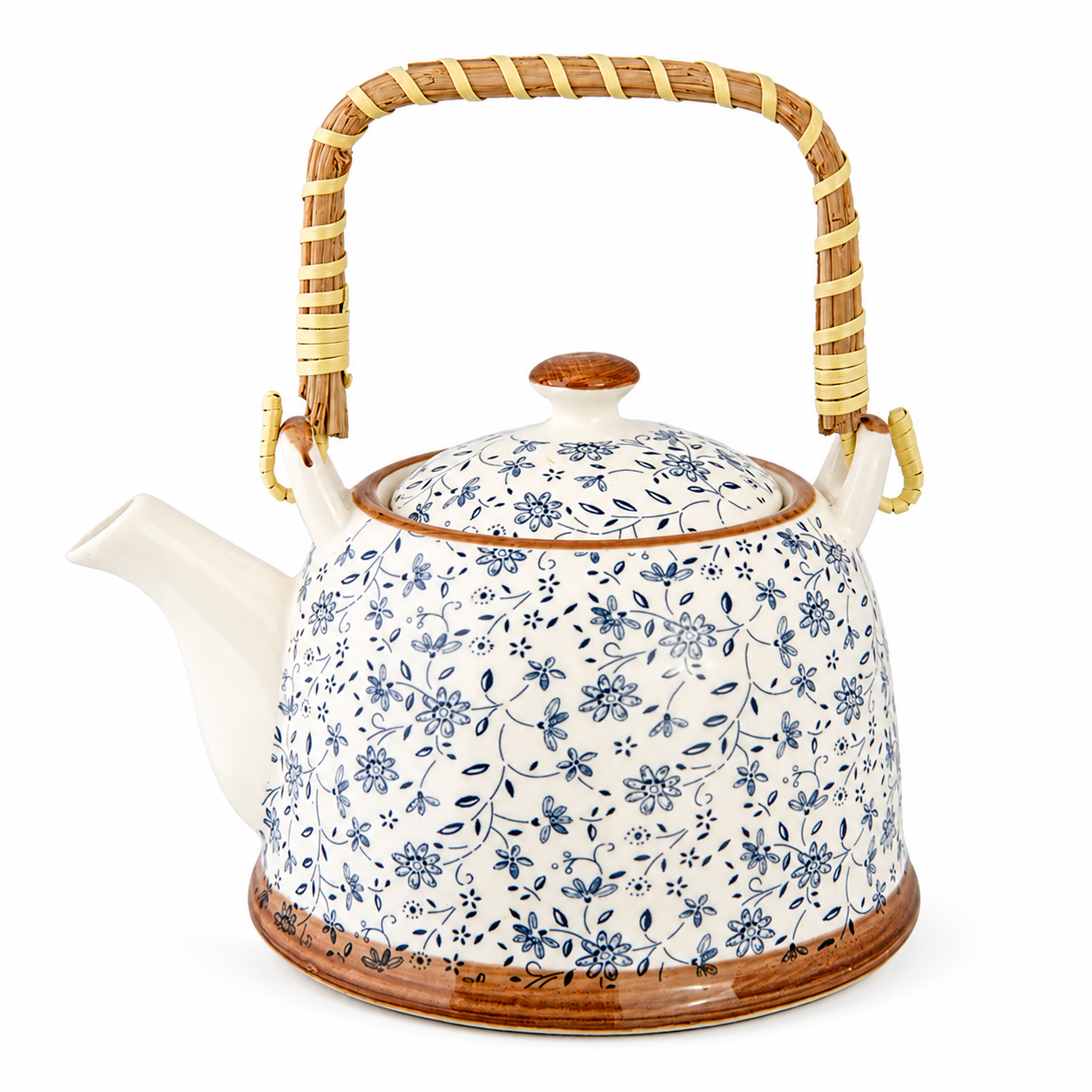 Blue Floral Ceramic Teapot with Rattan Handle