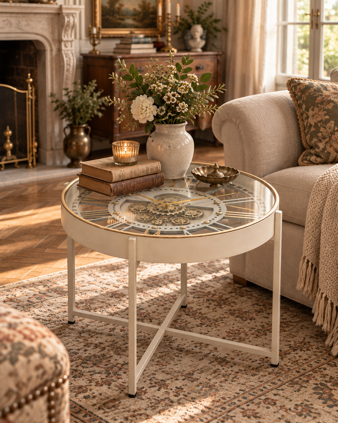 Classic Heritage Clock Coffee Table – Ivory & Antique Gold – detail view 7