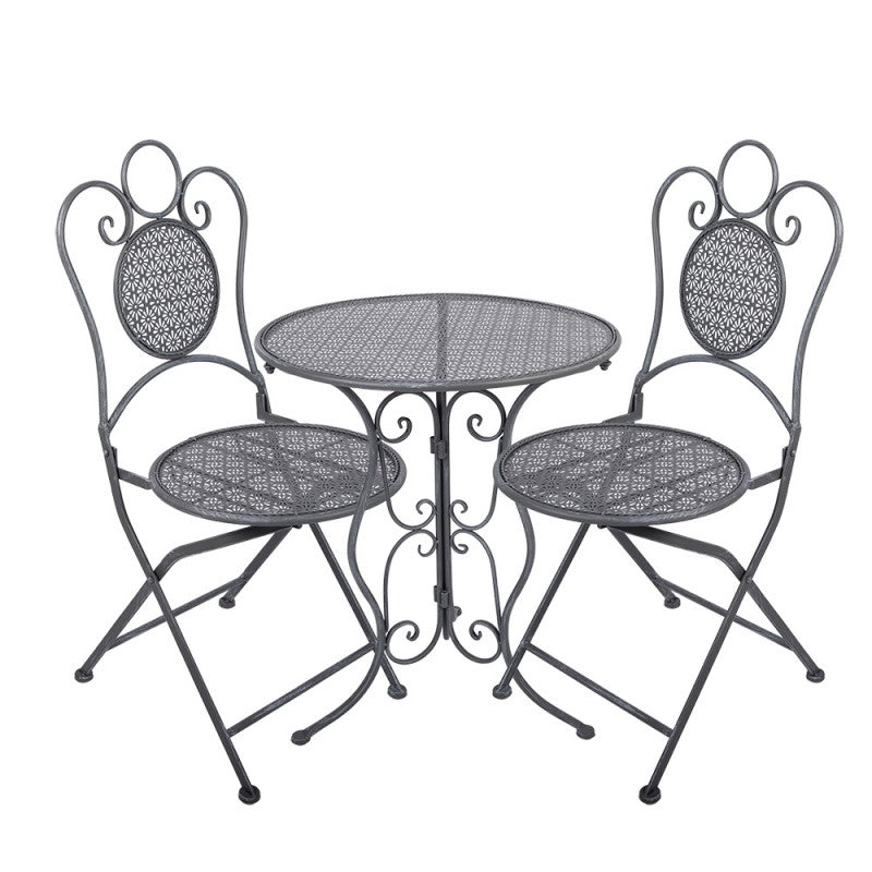 Grey metal bistro set with round table and two chairs