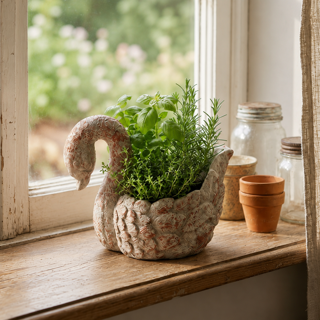 Grey Stone Swan Planter/Flower Pot – detail view 3