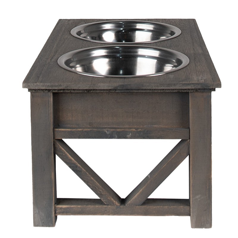 French Country Grey Wooden Double Pet Bowl Stand