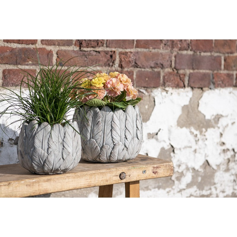 Classic grey indoor planter with feathers