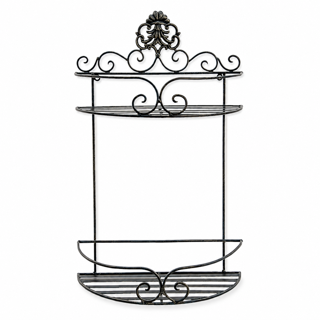 Black iron wall rack with 2 shelves and ornate scrollwork, rustic wall-mounted storage