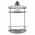 Black iron wall rack with 2 shelves and ornate scrollwork, rustic wall-mounted storage