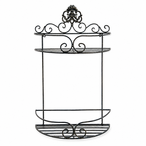 Black iron wall rack with 2 shelves and ornate scrollwork, rustic wall-mounted storage